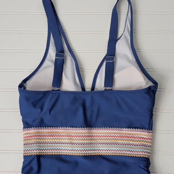 Women's Blue Plunge Neck Tummy Control Modest One Piece Swimsuit Size S NWTF - Picture 6 of 14